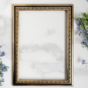 May include: A rectangular picture frame featuring a black inner border and an ornate gold outer edge with a textured, repeating pattern. The frame is empty, showcasing a clean, hollow center, and is surrounded by small, delicate blue flowers.