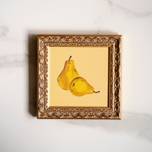 Pintura al óleo original de peras de 6 x 6 pulgadas, bodegón de frutas diminutas, arte de pared para cocina, decoración de otoño de estilo campestre, regalo de inauguración de la casa en Acción de Gracias