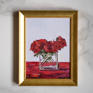Pintura al óleo original de rosas rojas de color magenta viva de 6 x 8 pulgadas, arte de pared pequeño, arte al óleo de rosas francesas de 15 x 20 cm, pintura de flores rojas, regalo del día de San Valentín