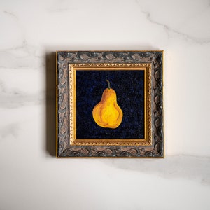 Pintura a óleo de natureza morta de frutas de pêra francesa original 6 x 6 pol. Galeria de parede de cozinha de fazenda decoração de outono, presente de inauguração para mãe ou pais