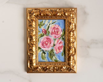 Framed Original oil art ROSES Painting in Vintage Style Frame - 4x6 inches - 10x15 cm
