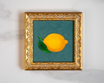 Tiny LEMON oil painting original small house warming gift 6x6 IN /// 15x15 cm