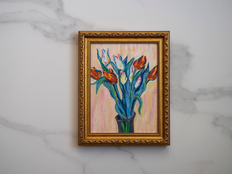 7x9,5 IN Oil painting original inspiration from Vase of Tulips french impressionist Claude Monet art, french flowers oil art interior decor image 4