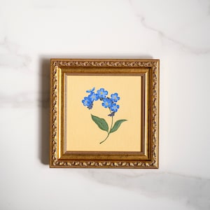 No me olvides, pintura al óleo original de flores de 6 x 6 pulgadas, pintura botánica vintage MYOSOTIS para arte de pared de galería, lindo regalo para mamá