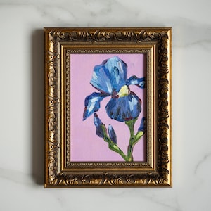 5 x 7 IN Irissen olieverfschilderij originele kunst, warmroze gezellig interieur, valentijnsdagcadeau voor haar, indigoblauwe bloem schilderij originele kunst