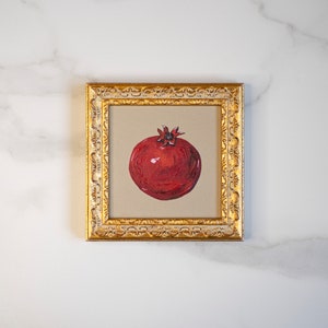 Bodegón de granada, obra de arte al óleo original, lienzo, 6 x 6 pulgadas, arte de pared para cocina de otoño, 15 x 15 cm