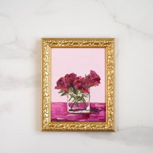 Pintura al óleo original de rosas de color rosa intenso de 6 x 8 pulgadas, arte pequeño, arte de rosas francesas, decoración de interiores de estilo vintage, arte al óleo de 15 x 20 cm, regalo del día de San Valentín