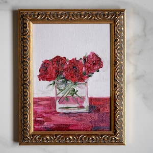6 x 8 IN rosas vermelhas pintura a óleo original pequena arte de parede, rosas francesas arte, estilo vintage decoração interior arte a óleo 15 x 20 cm, presente de dia das mães