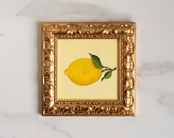 Framed Original oil art LEMON Painting in Vintage Style Frame - 6x6 inches