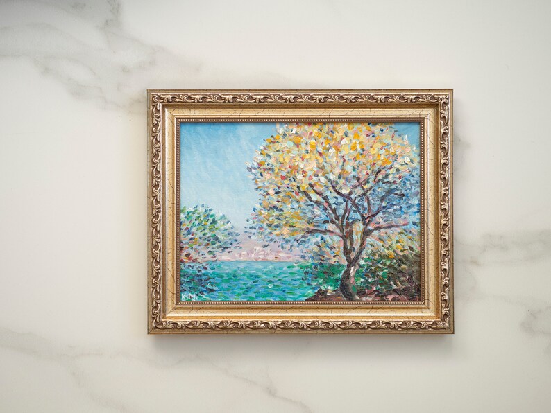 7x9,5 IN Oil painting original inspiration from french impressionist Claude Monet art Morning at Antibes, vintage french oil art original image 4