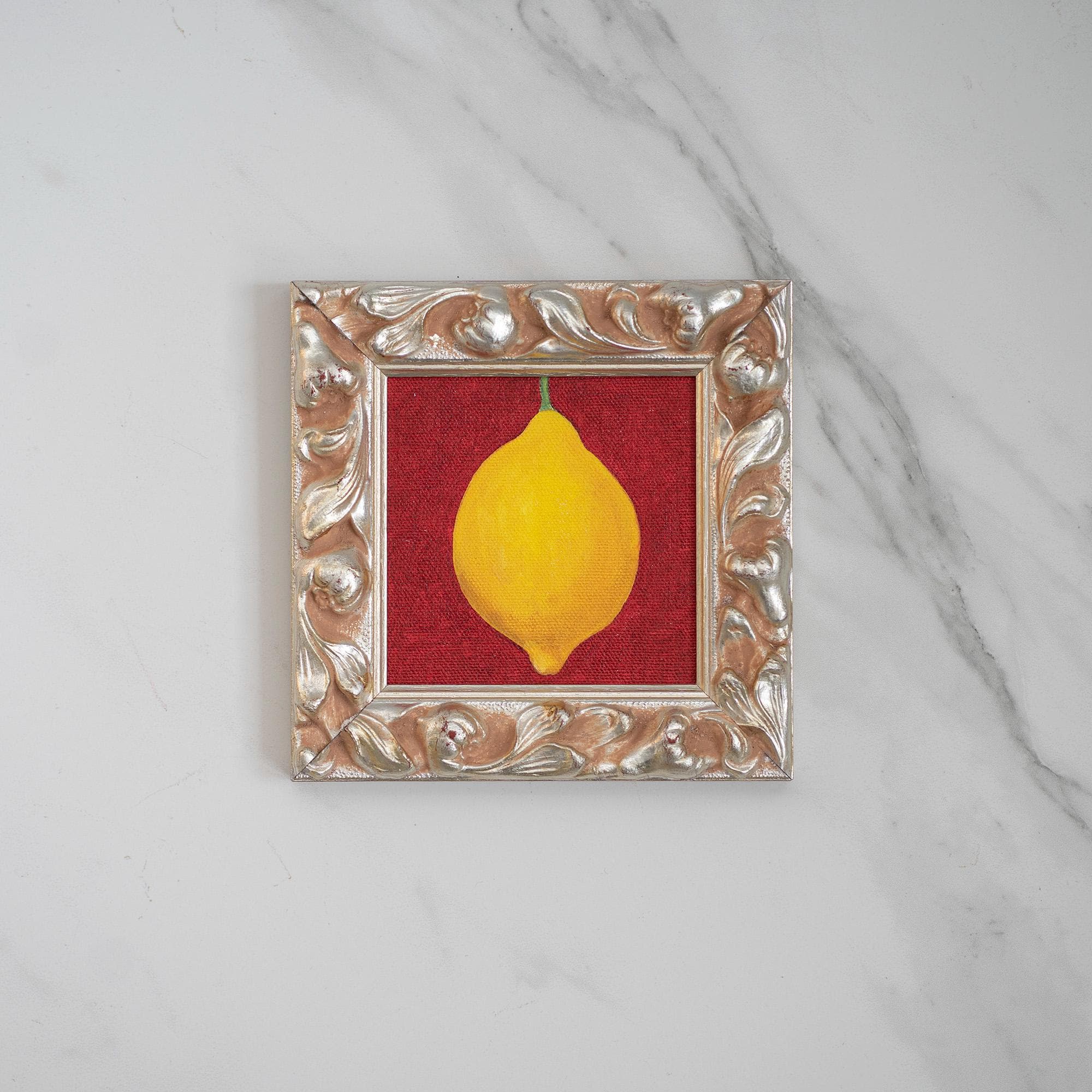 額入りレモン油絵：シルバーのヴィンテージフレームに入ったオリジナル