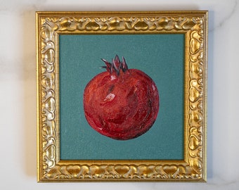 Pomegranate fruit still life canva oil artwork original 6x6 IN fall kitchen wall decor 15x15 cm, small gift idea