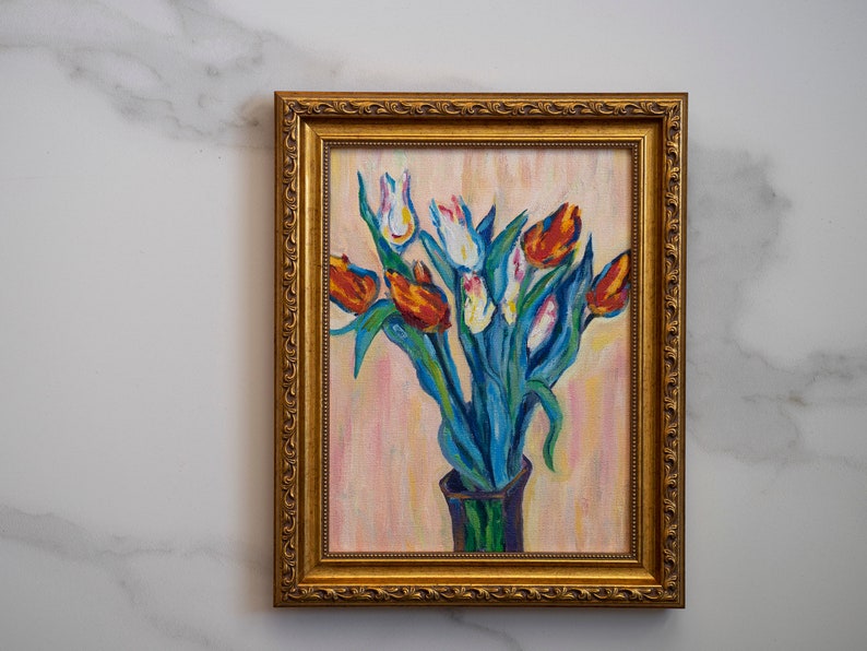 7x9,5 IN Oil painting original inspiration from Vase of Tulips french impressionist Claude Monet art, french flowers oil art interior decor image 6