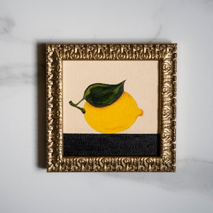 Pintura al óleo original de LIMÓN de 6 x 6 pulgadas, arte de pared de cocina con frutas pequeñas, decoración de pared de galería de granja acogedora, arte cítrico, arte de estilo francés