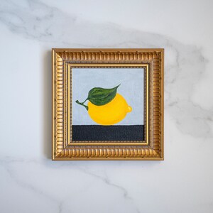 Pintura al óleo original de LIMÓN de 6 x 6 pulgadas, arte de pared de cocina con frutas pequeñas, decoración de pared de galería de granja acogedora, arte cítrico, arte de estilo francés