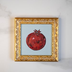 Bodegón de frutas de granada, pintura al óleo original, 6 x 6, arte de pared de cocina, 15 x 15 cm