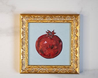 Bodegón de frutas de granada, pintura al óleo original, 6 x 6, arte de pared de cocina, 15 x 15 cm