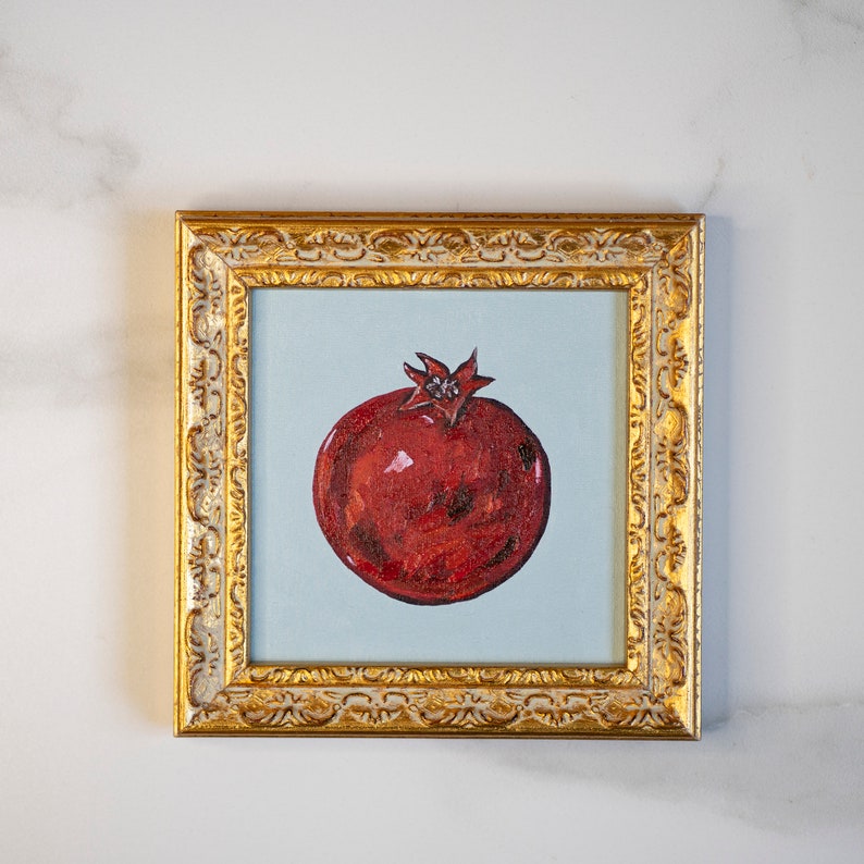 Pomegranate fruit still life oil painting original 6x6 INkitchen wall art 15x15 cm image 1