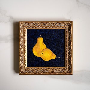 Peras francesas frutas natureza morta pintura a óleo original 6 x 6 pol galeria de cozinha de fazenda parede decoração de outono, presente de inauguração para mãe ou pais