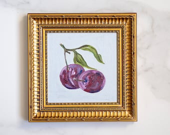 Pintura al óleo de ciruelas vibrantes: bodegón de frutas de 15 x 15 cm, decoración de pared para cocina