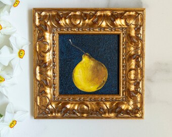 Pintura al óleo de pera enmarcada: bodegón de estilo vintage (10 x 10 cm)