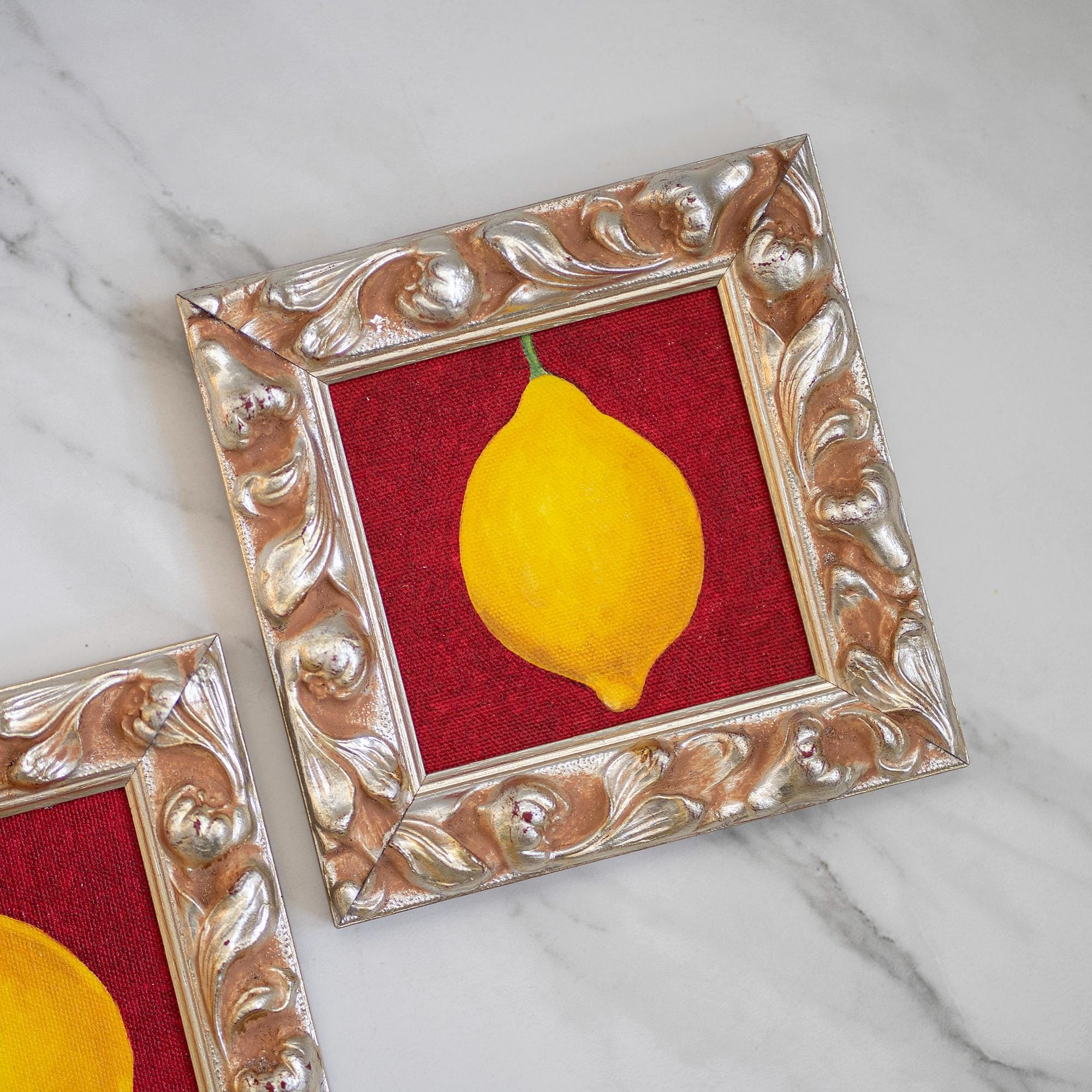 レモンの静物画 木製フレーム付き 額入りレモン油絵：シルバーのヴィンテージフレームに入ったオリジナル