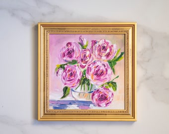 Bodegón de rosas rosadas, pintura al óleo: arte francés vintage (20 x 20 cm)