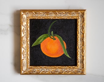 Pintura al óleo original de clementina de 15 x 15 cm - Naturaleza muerta con cítricos en la cocina