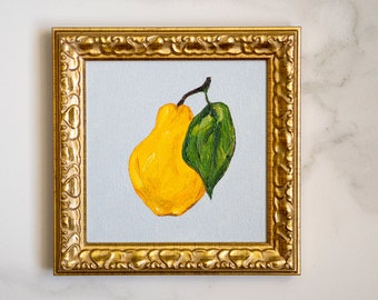 Pintura al óleo original de pera de 6 x 6 pulgadas, arte de pared de cocina de fruta pequeña