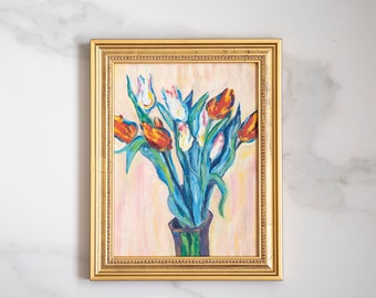 7x9,5 IN Oil painting original inspiration from Vase of Tulips french impressionist Claude Monet art, french flowers oil art interior decor