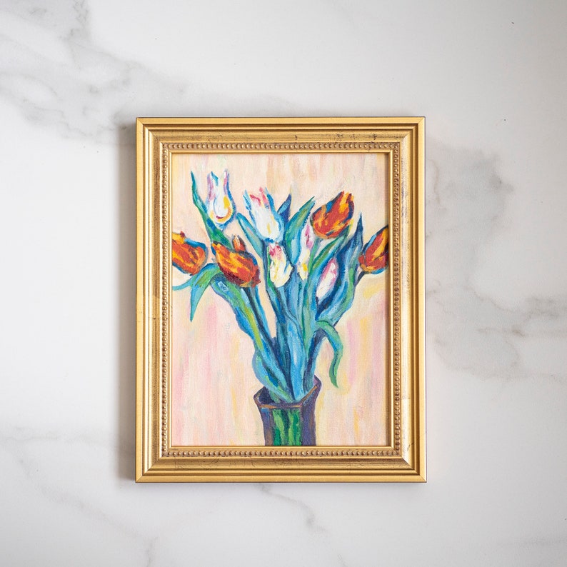 7x9,5 IN Oil painting original inspiration from Vase of Tulips french impressionist Claude Monet art, french flowers oil art interior decor image 1