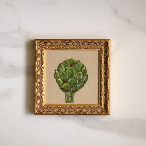 Pintura al óleo de naturaleza muerta de ALCACHOFA de 6 x 6 PULGADAS original para galería de pared de cocina de casa de estilo rústico, arte de alcachofa de cocina de casa de campo de estilo francés