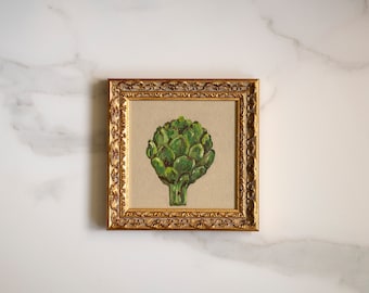 6x6 IN ARTICHOKE still life oil painting original for countrystyle home  kitchen gallery wall, french style farmhouse kitchen artichoke art