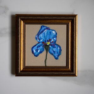 6 x 6 IN Íris pintura a óleo arte original, estilo vintage decoração interior, vintage flor natureza morta pintura, presente para a mãe, galeria de arte de parede
