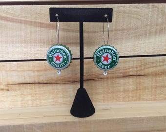 Heineken beerings made from up-cycled beer bottle caps. Choose between a dangly or hoop style.