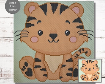 Baby Tiger Graph Crochet Pattern C2C Graphgan + Written Instructions Corner-to-Corner, Tapestry, Tunisian, Knitting, Cross Stitch Chart PDF
