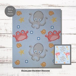 May include: A crochet pattern featuring a blue background with repeating images of octopuses, crabs, seashells, and starfish. The text "Not a Real Photo" is in a white circle at the top left of the image. The text "HIGHLAND HICKORY DESIGNS" is at the bottom of the image.