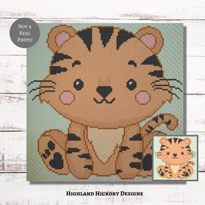 May include: A crochet pattern featuring a cute cartoon tiger with black stripes, sitting on a light blue background. The pattern is titled "Highland Hickory Designs".