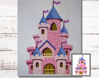 Princess Castle Graph Crochet Pattern C2C, Mini c2c, tss, sc, hdc, dc Graphgan avec instructions écrites, crochet de tapisserie d'un coin à l'autre