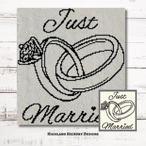 May include: A black and white pixelated design on a light gray background features two intertwined wedding rings. The words "Just Married" are written in a script font. A smaller version of the design is in the lower right corner.