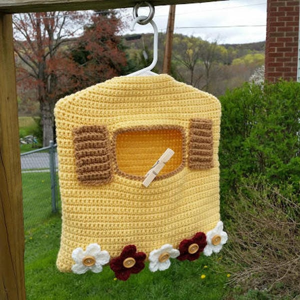 Crochet Garden Window Clothespin Bag PATTERN ONLY pdf instant digital download clothesline country flowers laundry hanger