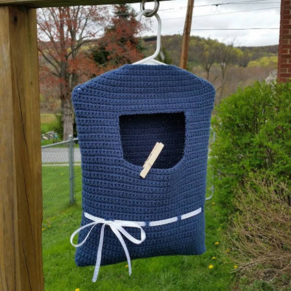 Crochet Blue Ribbon Clothespin Bag PATTERN ONLY pdf instant digital download laundry clothesline housewarming gift