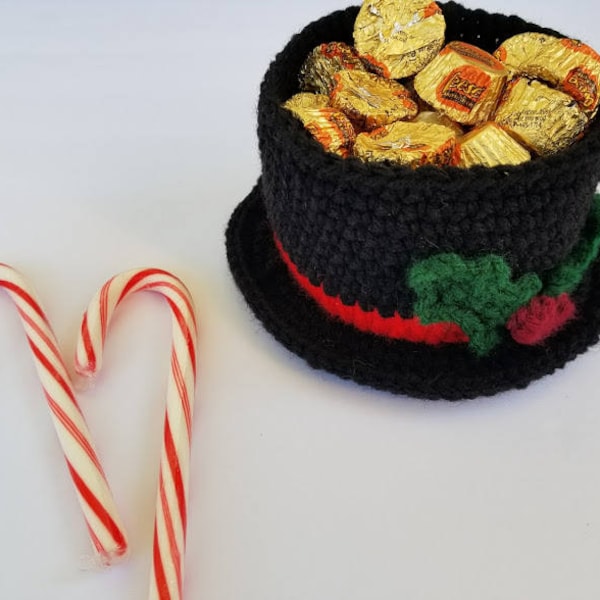 Crochet muñeco de nieve sombrero de copa plato de caramelo o portavelas PATTERN SOLAMENTE pdf descarga digital instantánea decoración navideña invierno de Navidad