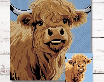 Highland Cow Graph 2 (SC) Crochet Pattern Single Crochet Graphgan + Written Instructions, Scottish Cow Blanket, Cow Afghan, Tapestry Throw
