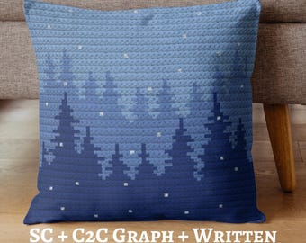 Winter Forest Graph Crochet Pattern, Throw Pillow, Wall Hanging, Blanket, SC + C2C Written Instructions, PDF Download, Christmas Decor, Snow