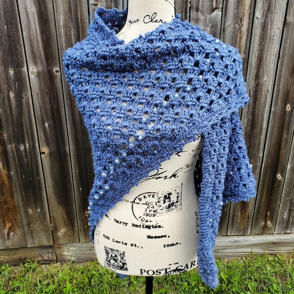 Crochet Moody Blue Shawl PATTERN ONLY triangle shawl, prayer shawl, lacy, beaded, women's, teen, teenager, youth, child, easy, 1 row repeat