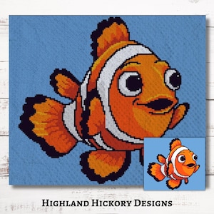 May include: A crochet pattern of a cartoon orange and white clownfish with a blue background. The pattern includes a smaller image of the finished crochet project.