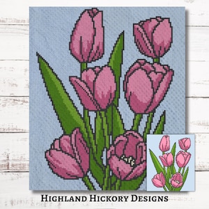 Roze tulpen grafiek haakpatroon C2C Graphgan + schriftelijke instructies hoek-tot-hoek, tapijt, Tunesisch, breien, kruissteekkaart pdf