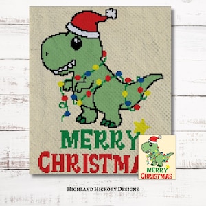 Juldinosauriegrafikmönster C2C Mini c2c, tss, fm, hdc, dm Grafisk virkmönster med skriftliga instruktioner Hörn till hörn gobelängvirkning