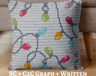 Christmas Lights Graph Crochet Pattern, Throw Pillow, Wall Hanging, Blanket, SC + C2C Written Instructions, PDF Download, Xmas Holiday Decor